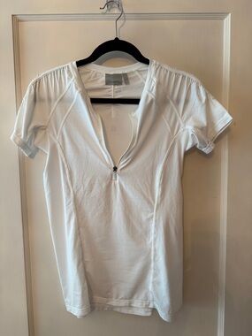 Athleta White Short-Sleeve Zip Front Rash Guard Top